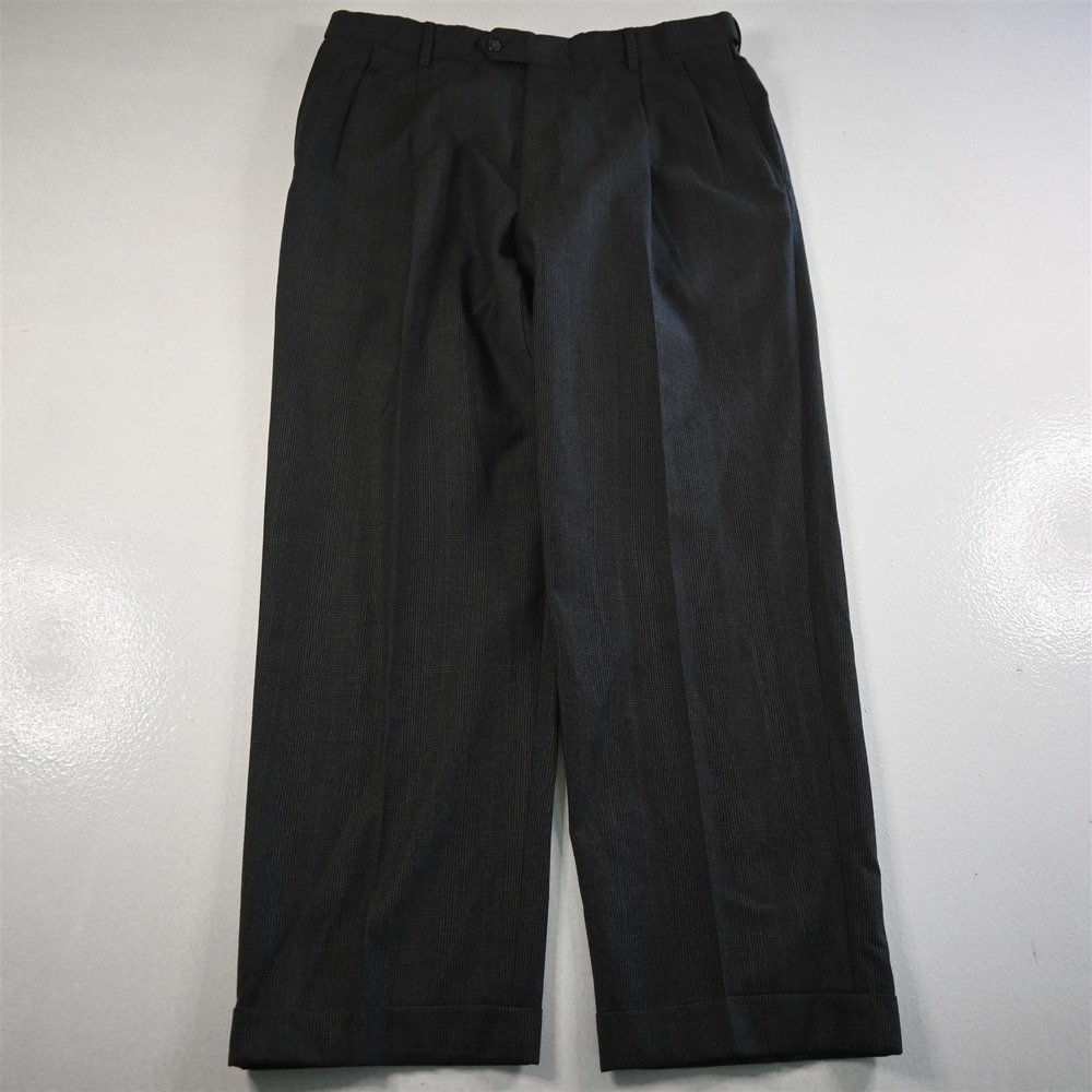 Vtg Austin Reed 33x30 Gray Glenn Check Flannel Wool Pleated Cuffed‎ Mens Pants